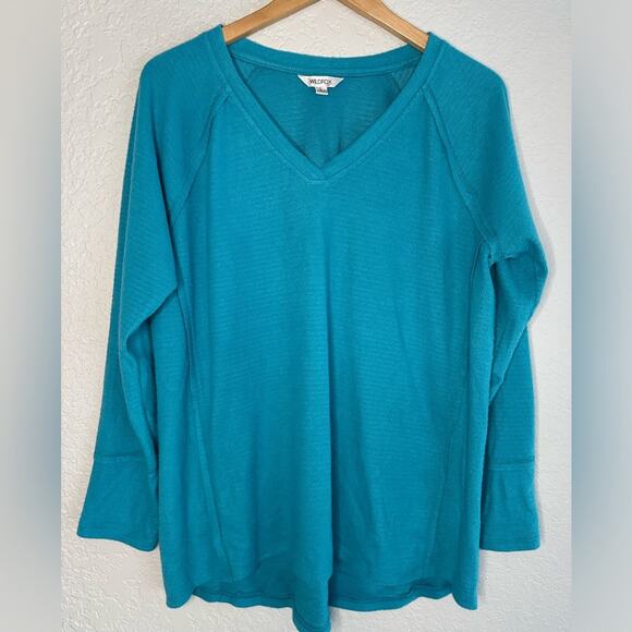 Wildfox Aqua Blue V Neck Pullover Top Large Oversized Cozy Fleece Stretchy - Picture 1 of 7
